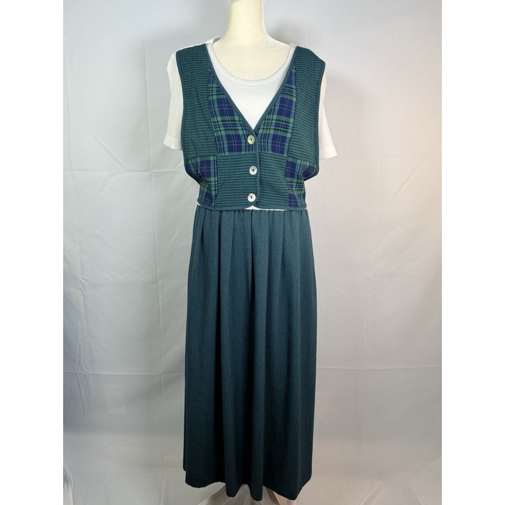 Vintage Miss Dorby‎ Plaid Prairie Dress 12 Green Blue Academia Librarian Artsy